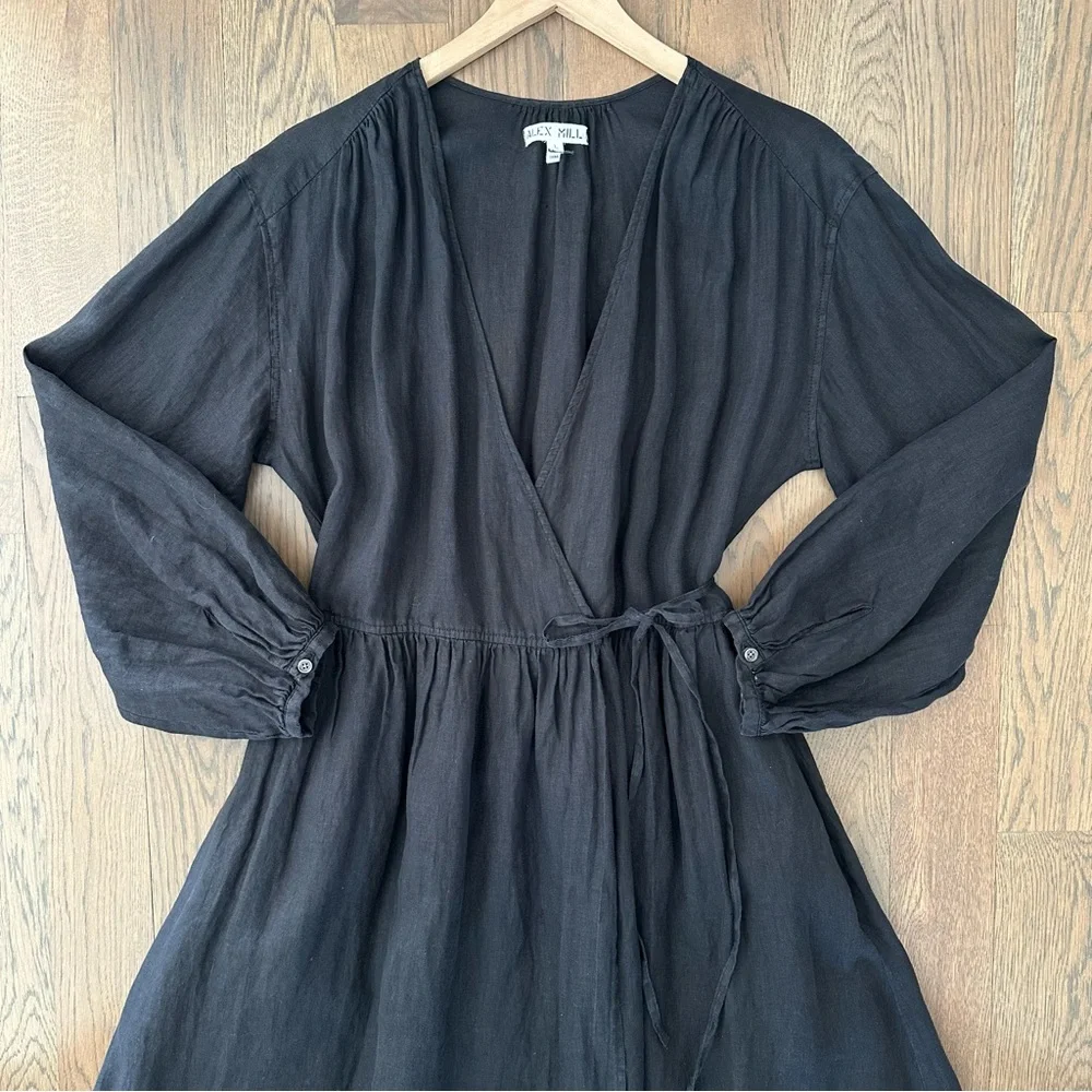 NWOT Alex Mill Lauren Long Sleeve Linen Maxi Wrap Dress in Rich Black Large